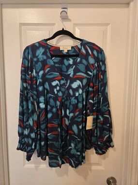 Westbound Navy Blue Floral Blouse with Teal and Red Accents